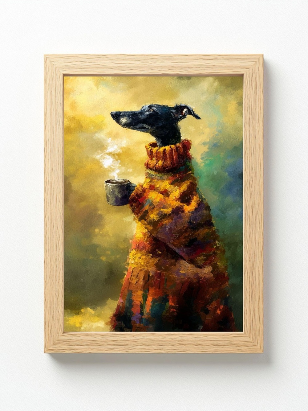 Black Greyhound in Colorful Sweater Framed 8x10